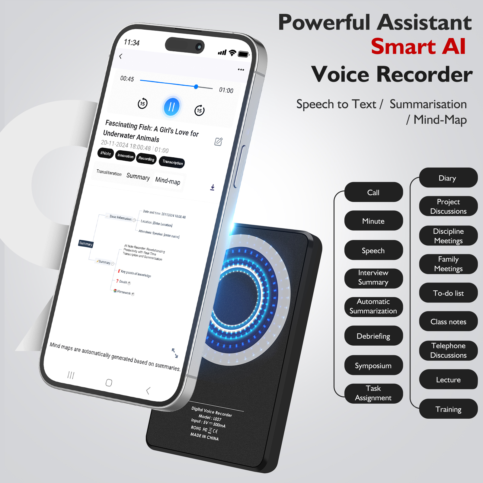 AI Voice Recorder L027  with Transcription Summary Mind-map function for Meeting Lecture Learning